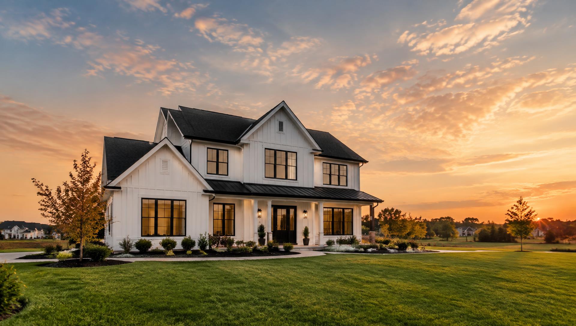 New construction home in Central Ohio at sunset